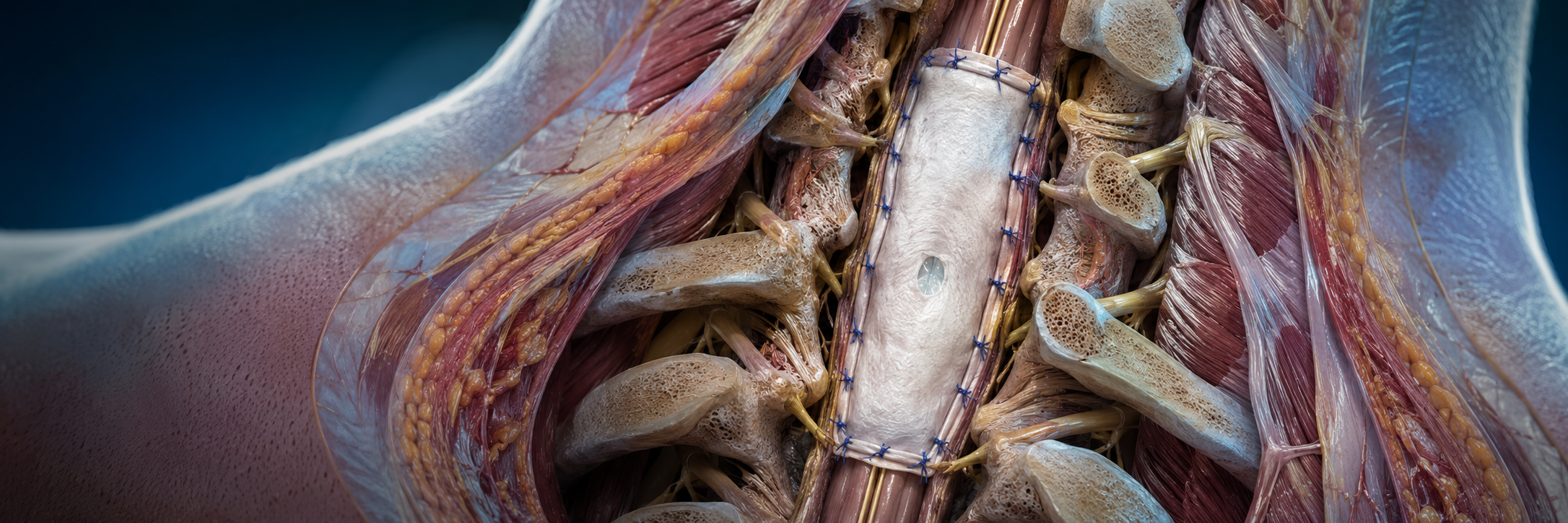 Sutured dural graft implanted along the spine.